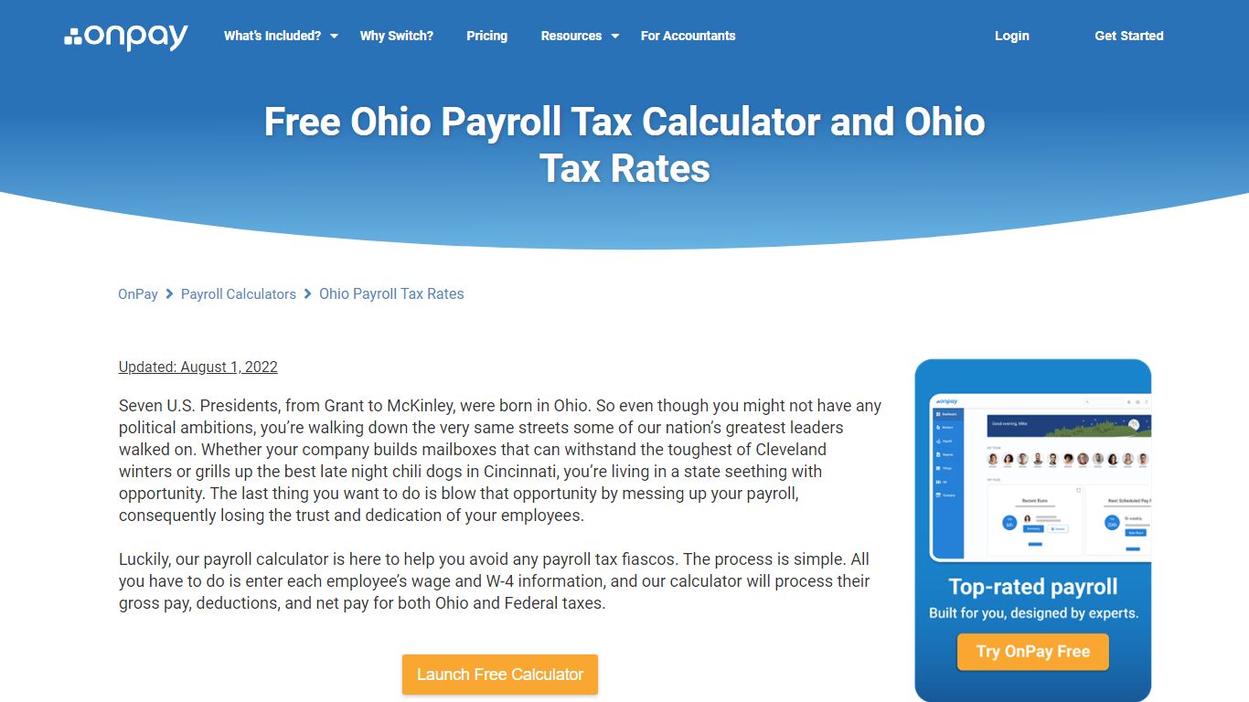 Free Ohio Payroll Calculator | 2022 OH Tax Rates | OnPay